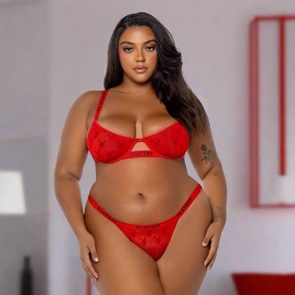 NWT Plus Size Playboy Bunny Red Rouge Sheer Bra & Thong Panty Lingerie